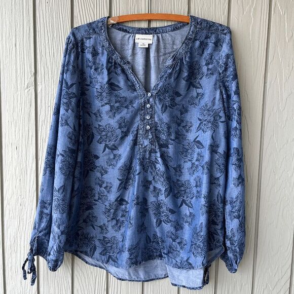 Liz Claiborne Floral Chambray Top M 100% Tencel Soft Blue Boho Blouse - Picture 1 of 7
